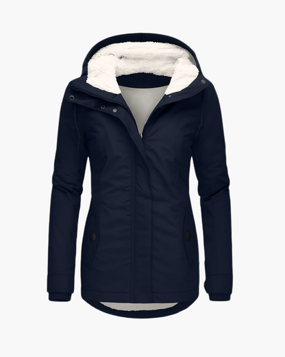 Luxeraum.de Jackets Marineblau / S Wintermantel Damen warm mit Kapuze und weichem Fleecefutter